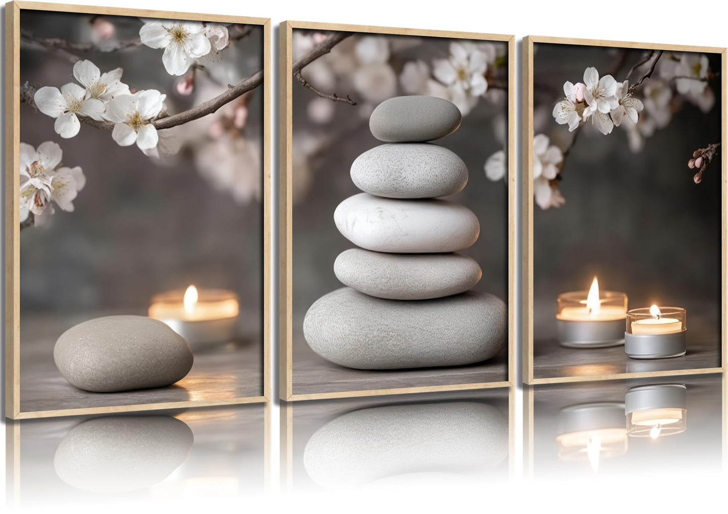 ZHJIOFXG 3 Piece Zen Canvas Wall Art Stacked Stones Cherry Blossom Candle Spa Wall Decor Calming Minimalist Neutral Poster Print Art for Bathroom Bedroom Yoga Room Office Living Room 12x16in Unframed