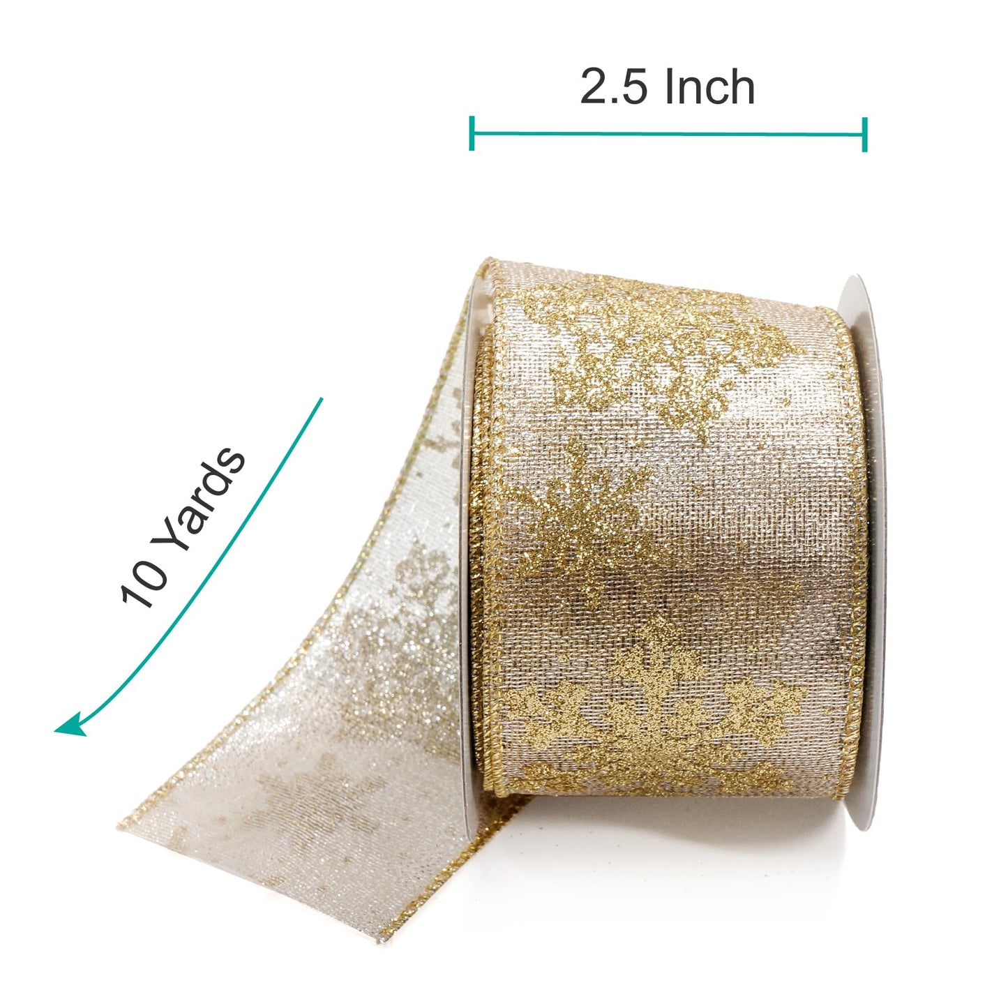 CT CRAFT LLC Champagne Gold Metallic Fabric with Gold Snowflake Wired Ribbon 2.5 Inch x 10 Yards for Christmas Home Decor Tree Topper Bow Gift Wrapping DIY Crafts Wreath Garland