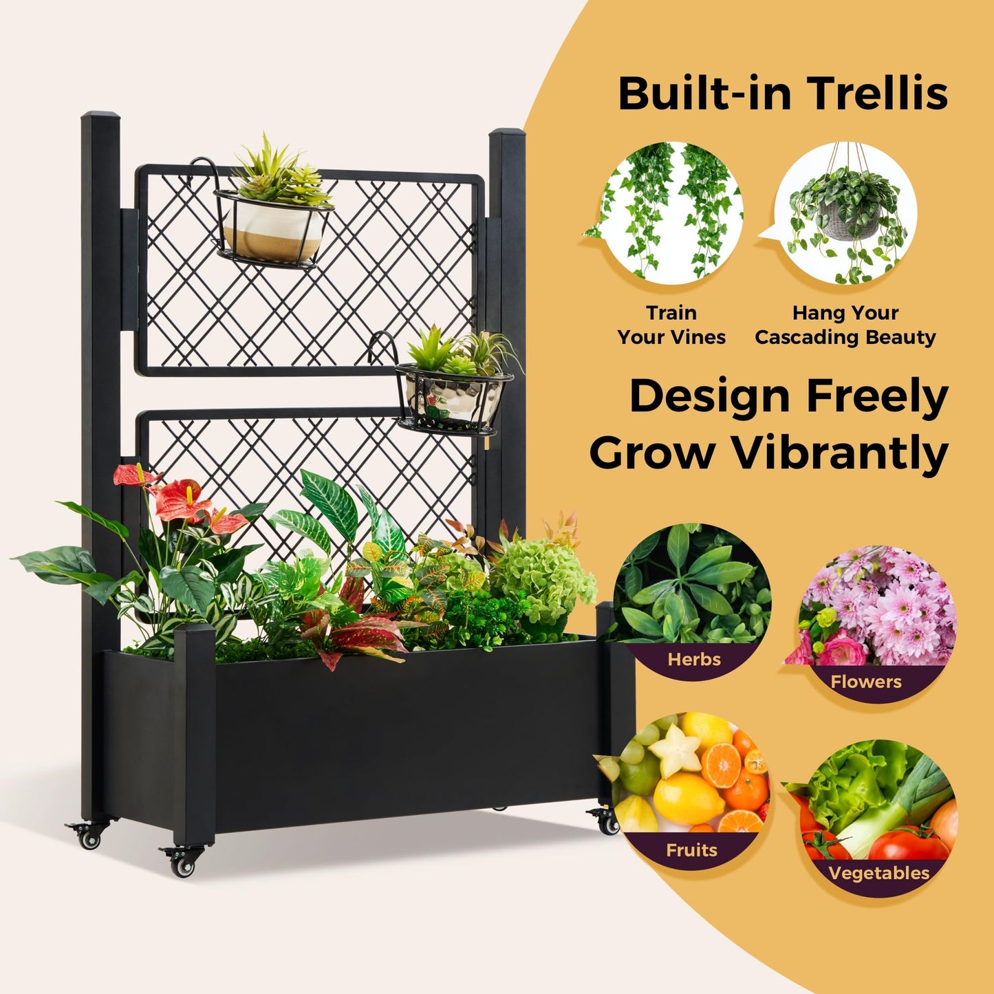 Foresland Metal Raised Garden Bed with Trellis, 50Hx38Wx14D Inch Compact Planter Box for Climbing Plants, Patio Balcony Garden, Privacy Screen with Wheels and Drainage Holes, Black