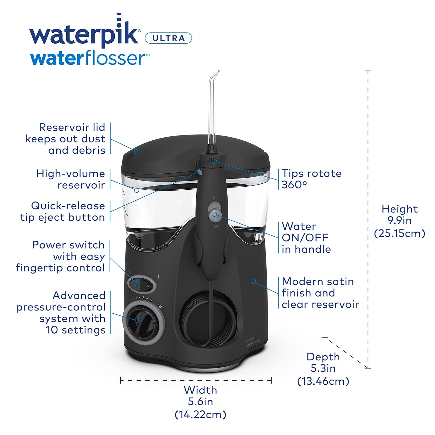 Waterpik Ultra Water Flosser, Black - 90+ Seconds of Flossing Time - 10 Pressure Settings, 360-Degree Tip Rotation - Includes Six Tips & Built-in Tip Storage