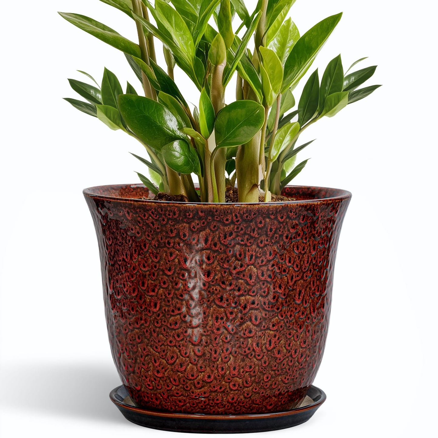 SUNPOTFOR 10 Inch Plant Pot - Ceramic Pots for Plants with Drainage Hole and Saucer, Round Flower Pot for Indoor Outdoor, Modern Ceramic Planter, Garden Room Home Decor, House Warming Gifts, Red