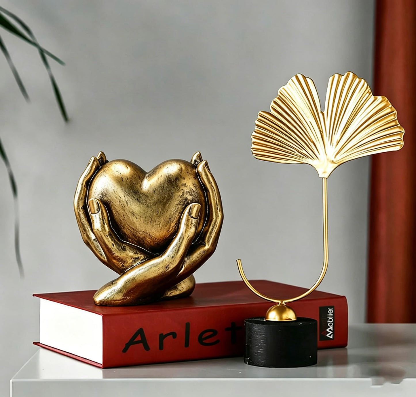 Gold Heart Hands Sculpture Boho Home Decor Accents Love Statue Living Room Decoration, Ideal for Coffee Table, Shelves, Home, Bedroom, Birthday, Wedding Love Table Decor