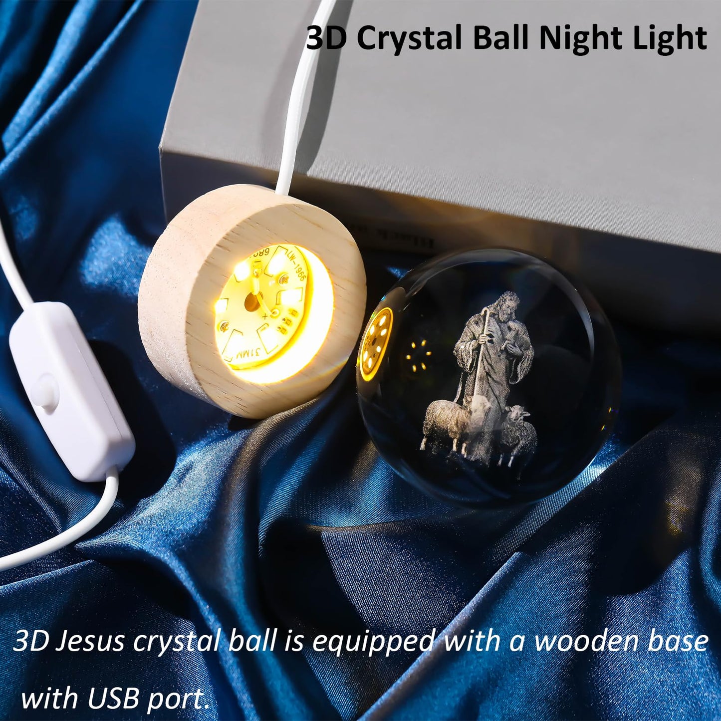 Arikyrist 3D Crystal Jesus Figurine Statue Night Light, Laser Engraved Crystal Christian Catholic Religious Easter Gift with Wooden Base