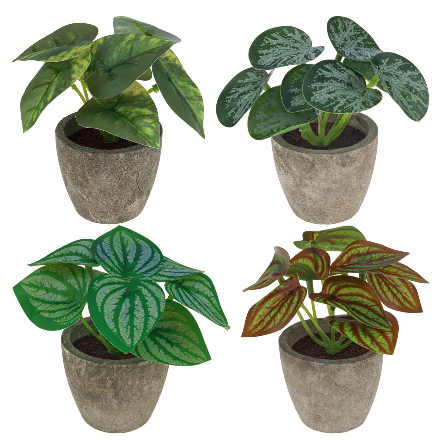 Woration 4Pcs Artificial Plants Potted Small Fake Tropical Faux Greenery Leaves Indoor for Office Desk Shelf Bathroom Home Decorations
