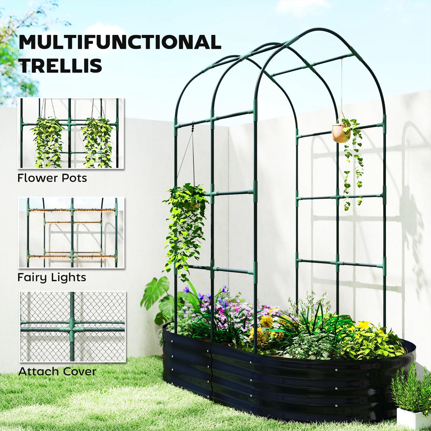 Outsunny Galvanised Raised Garden Bed with Arched Trellis, 5 x 3 x 6ft Metal Outdoor Planter Box with Open Bottom Design, Modular Raised Bed with Gloves for Vegetable Flower, Easy Assembly, Dark Gray