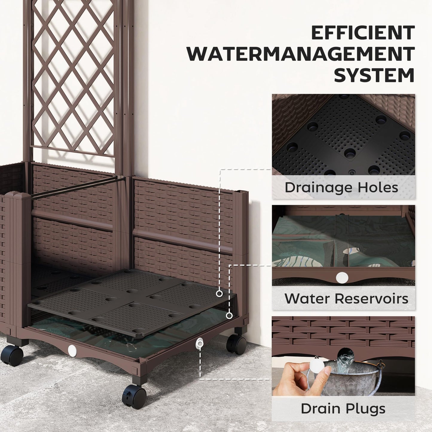 Outsunny Planter Box with Trellis, Self Watering Raised Garden Bed with Lockable Wheels, 56.3" Trellis Privacy Planter with Drainage Holes for Climbing Plants, Vines, Vegetables, Flowers, Brown