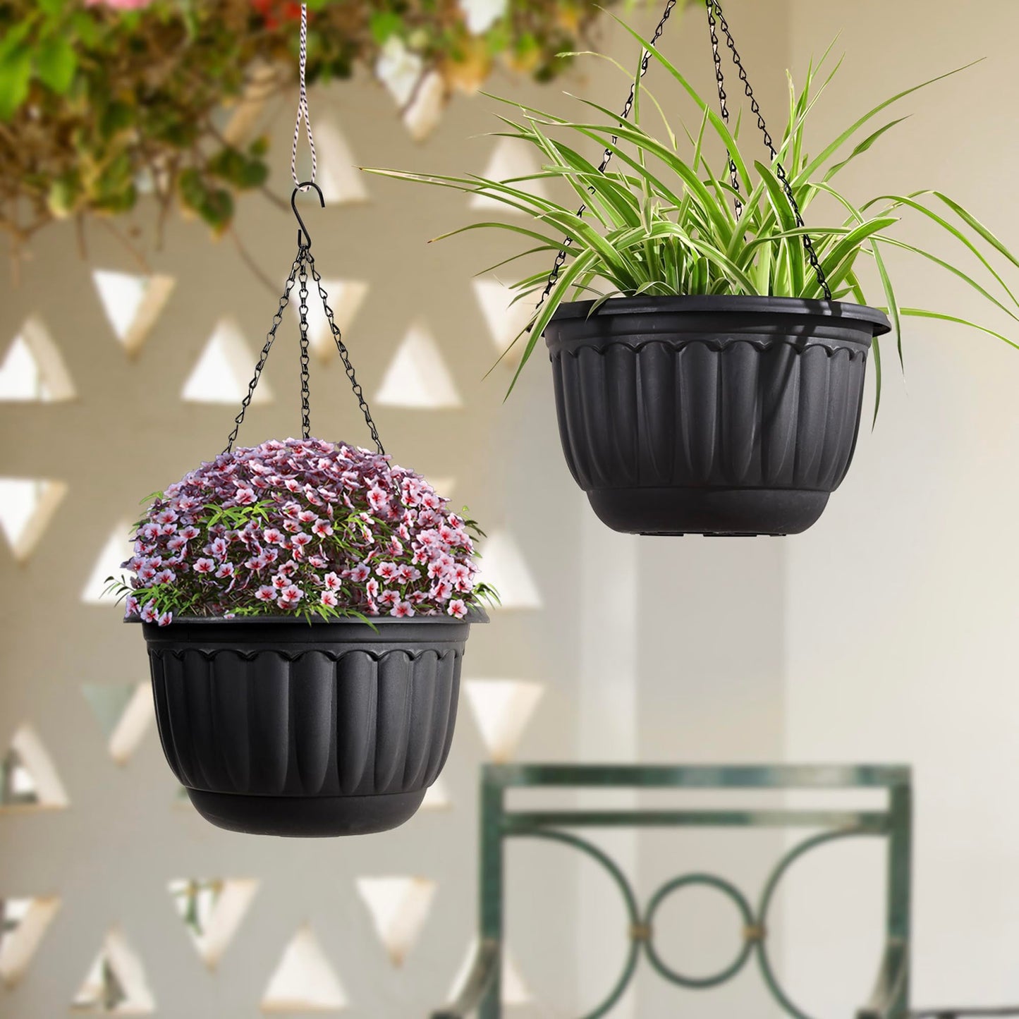 YIKUSH Planters for Outdoor Plants 2 Pack Black Plant Pots with Drainage Hole and Absorbing Tray Hanging Planters for Indoor Plants (12 inch, 3 Hooks)