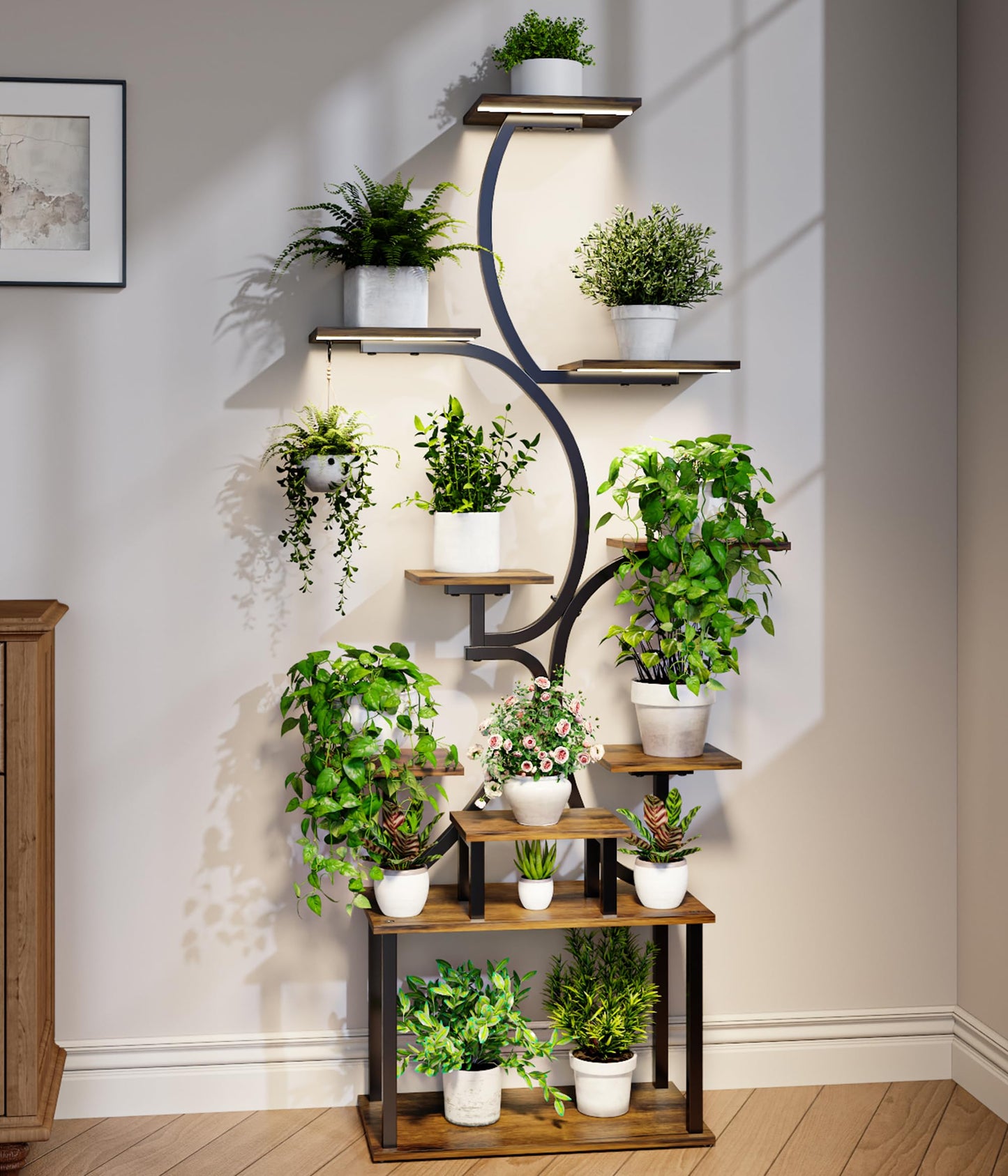 Plant Stand Indoor with Grow Lights - 9-Tier Curved Plant Stand, Tall Metal and Wood Indoor Plant Shelf with Unique Arched Design, Multi-Tier Flower Pot Holder Rack with Waterproof Finish, 63" Tall for Living Room, Balcony, and Garden