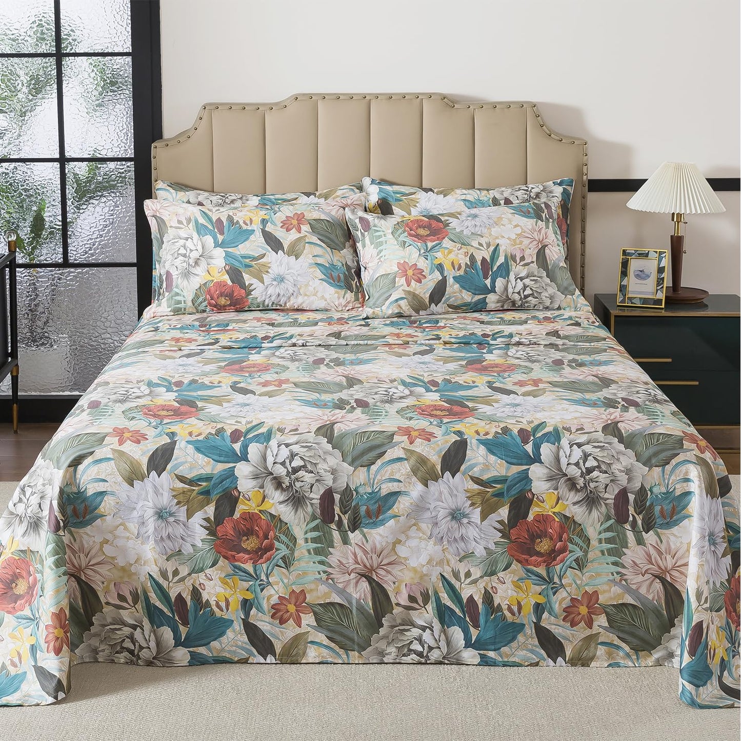 FADFAY California King Sheet Set, 100% Cotton Sateen Soft Breathable, Luxury Vintage Floral Bed Sheets, Deep Pocket Fitted Sheet, Classic Garden Style Bedding, 4 Pieces