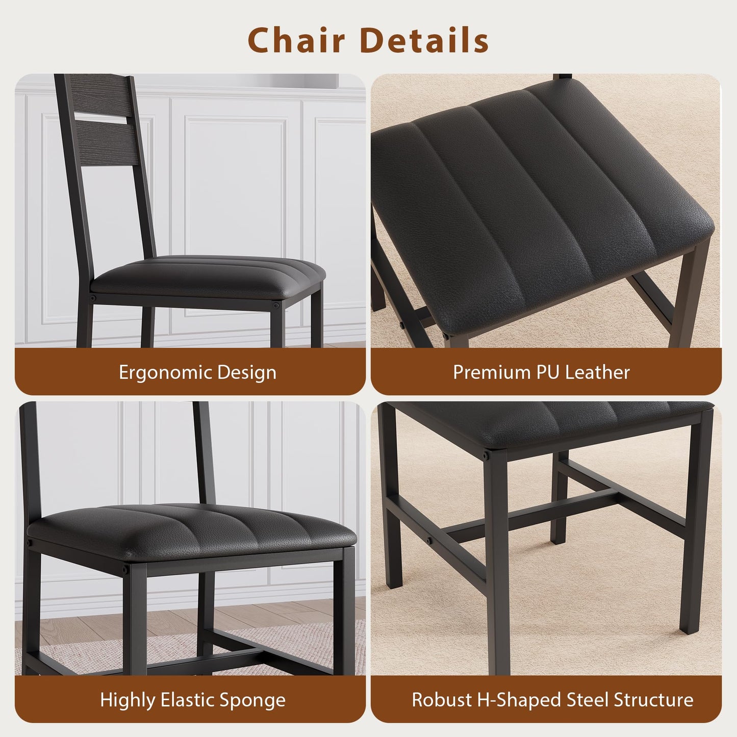 MapleGrace Dining Table Set for 4, Extendable Kitchen Table with 4 PU Leather Upholstered Dining Room Chairs, Wood Kitchen Table Set with Built-in Storage Rack for Dining & Small Spaces, Black
