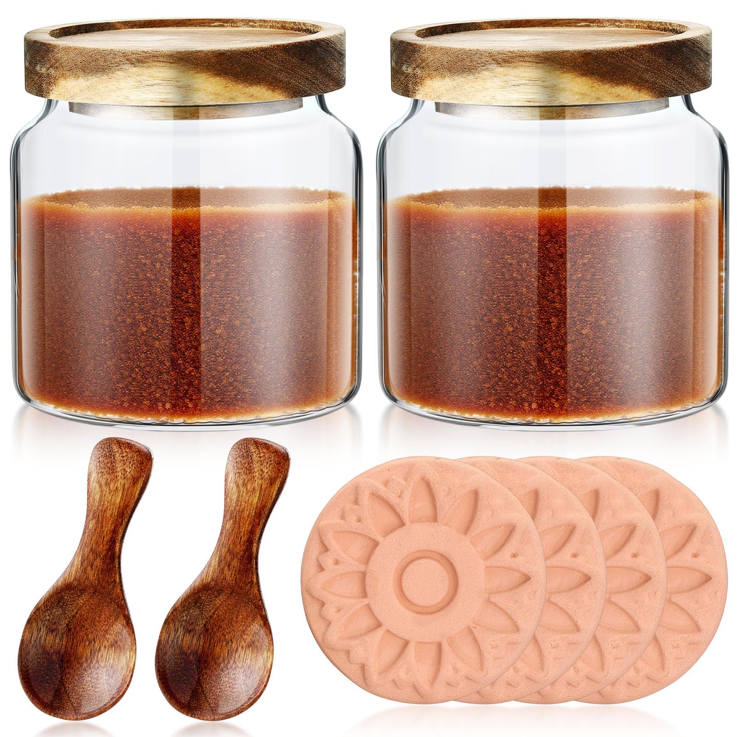 Maxdot 2 Pack Brown Sugar Keeper Container with Spoon, 500 ml / 0.53 Qt Glass Brown Sugar Storage Container with Wooden Spoon and Lid, Clear Glass Storage Jar for Baking, Salt and Snacks Saver