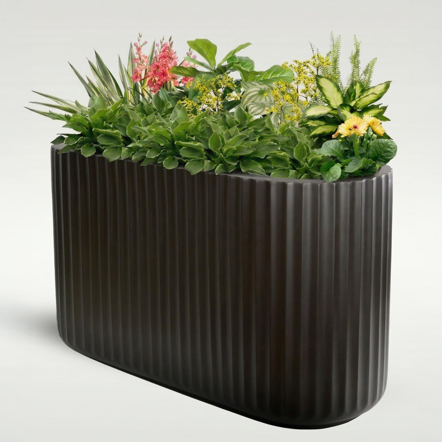 Wil & Vic 89s 15" H x 24" L Sirius Fiberglass Planter, Round Indoor and Outdoor Plant Pot with Drainage Hole, Lightweight, Durable Minimalist Home, Included Extra Coco Mats, Black