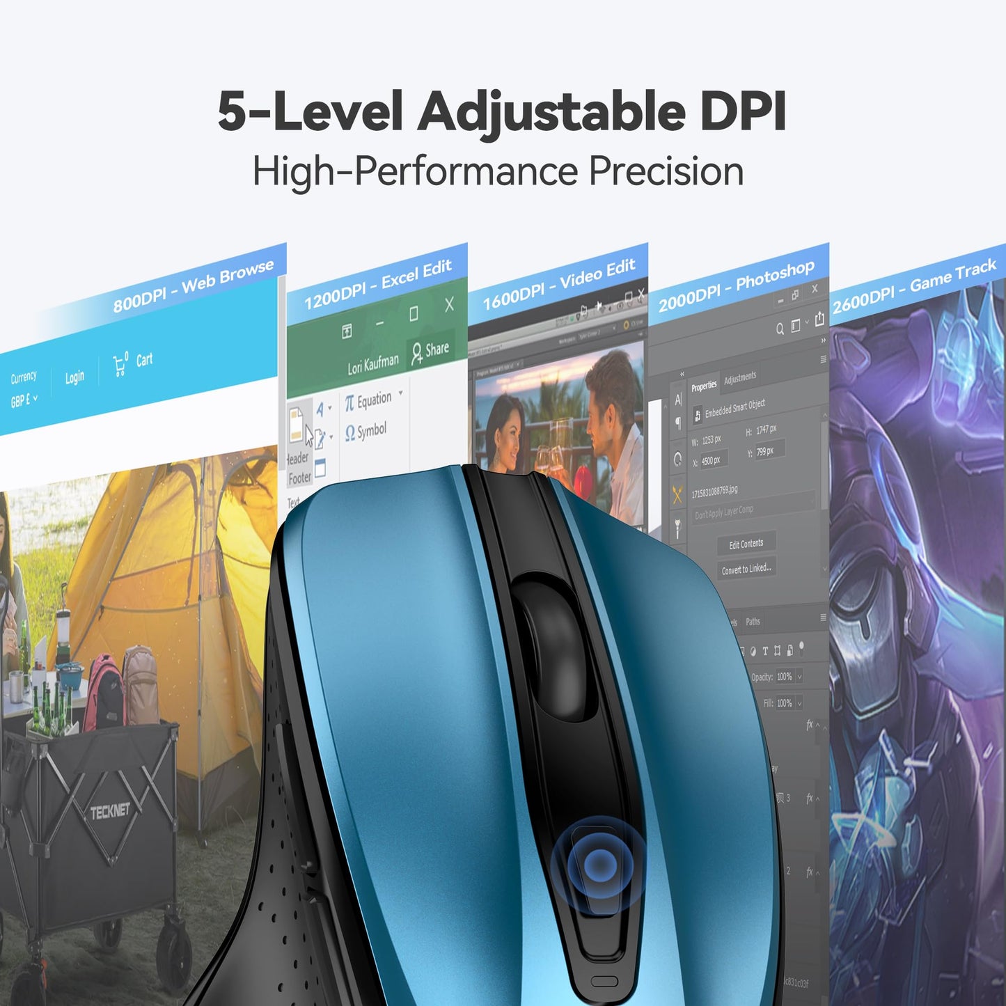 TECKNET Wireless Mouse, 2.4G Ergonomic Optical Mouse, Computer Mouse for Laptop, PC, Computer, Chromebook, Notebook, 6 Buttons, 24 Months Battery Life, 2600 DPI, 5 Adjustment Levels