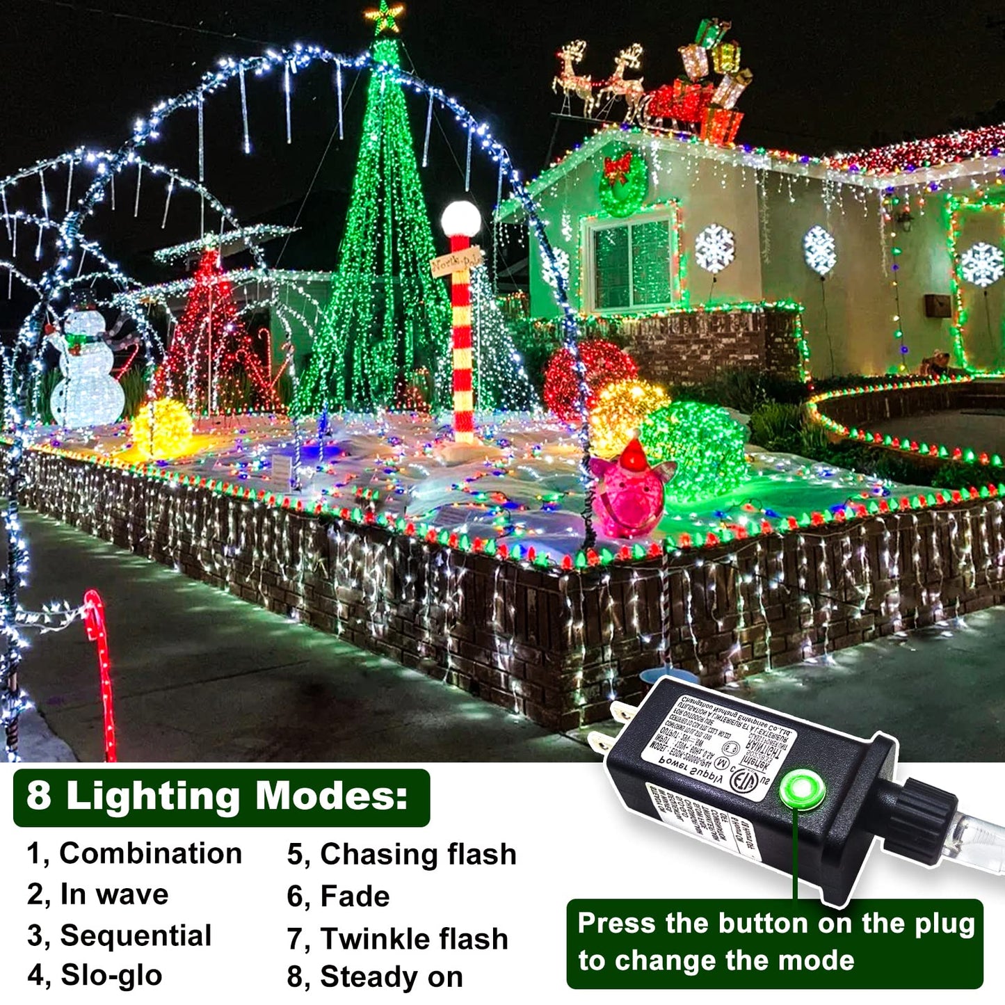 Christmas Lights Outdoor - 99 ft 1216 LED Icicle Lights for Outside - Plug in 8 Modes Twinkle Lights for Christmas Decorations Outdoor House Patio Yard - Cool White