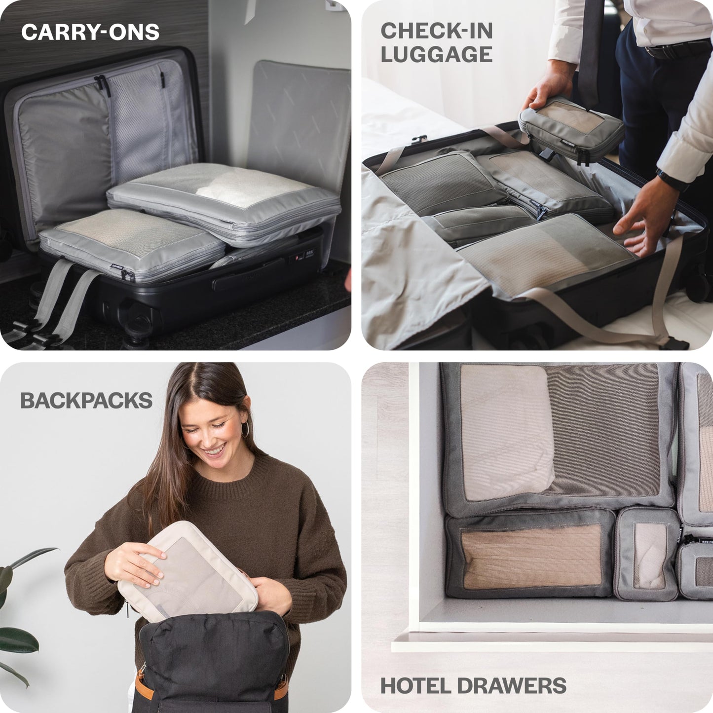 Aerotrunk Compression Packing Cubes for Travel - Luggage Organizer Bags - Double Zipper Packing Cubes for Suitcases (4-Pack, Beige)