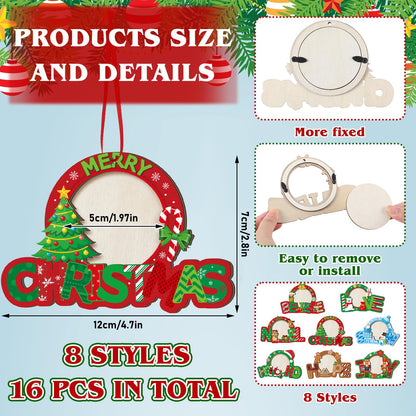 Yalikop 16 Pcs Christmas Photo Frame Ornaments Wooden Nutcrackers Santa Snowman Snowflake Picture Frame Tree Decoration DIY Photo Keepsakes for Xmas Party Decorations Winter (Wishes)