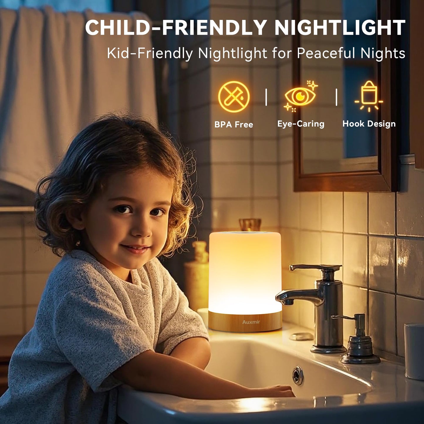 Auxmir Night Light, 3000mAh Rechargeable LED Table Lamp, Smart Dimmable Touch Control Bedside Lamp with RGB Color Changing & 4 Modes, Portable Night Light for Kids, Bedroom, Living Room, Camping