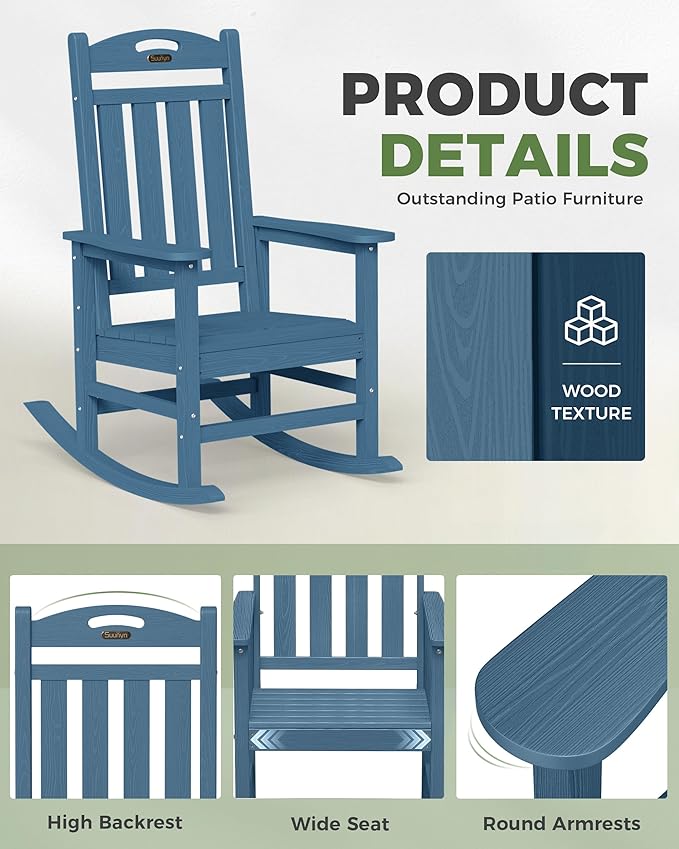 Oversized Outdoor Rocking Chairs Set of 4, High Back Porch Rocking Chair, HDPE All Weather Resistant Patio Chairs, 380lbs Weight Capacity, Navy Blue