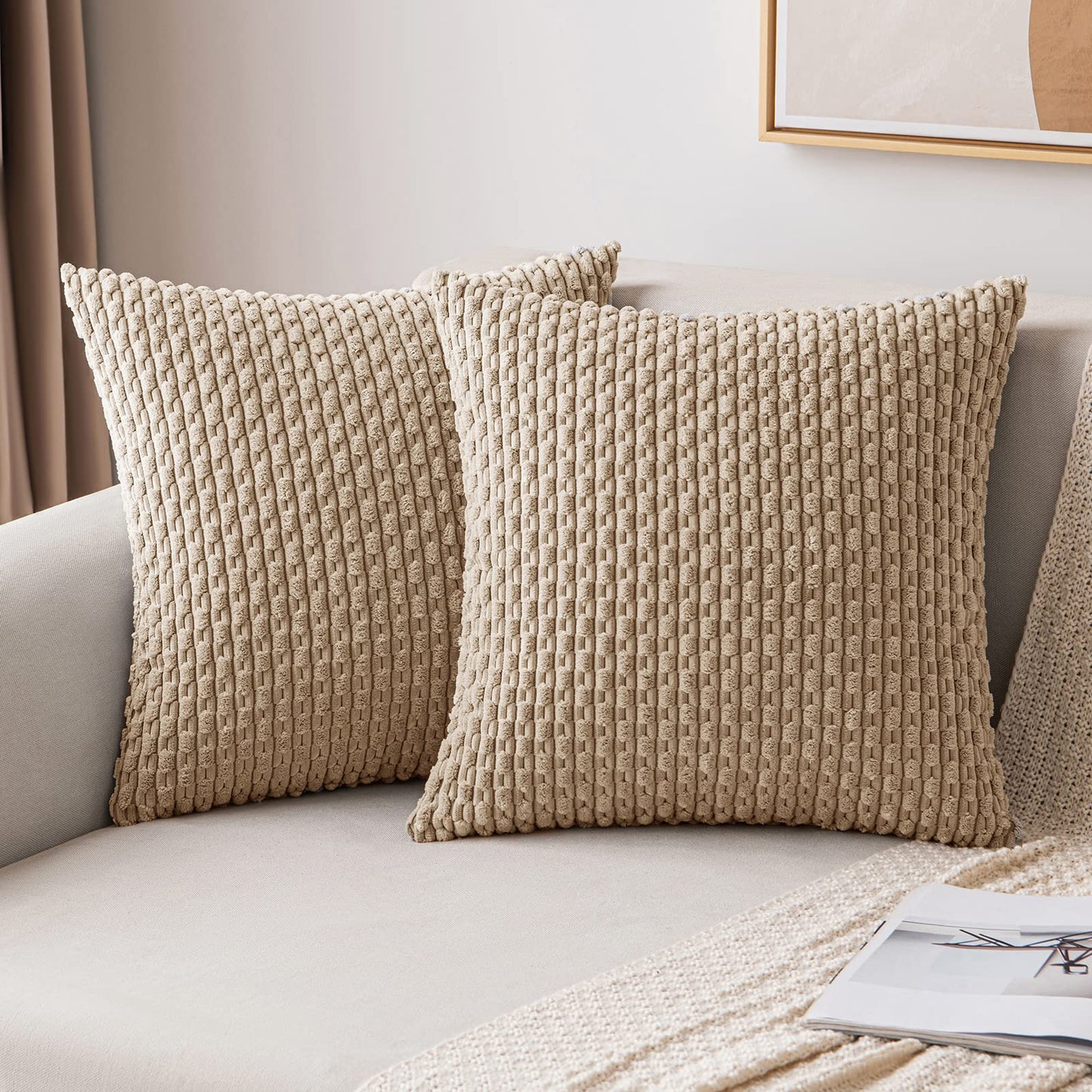 MIULEE Pack of 2 Decorative Throw Pillow Covers 18x18 Inch Soft Boho Striped Textured Corduroy Pillow Covers Modern Farmhouse Home Decor for Couch Bed Sofa Living Room Cream White