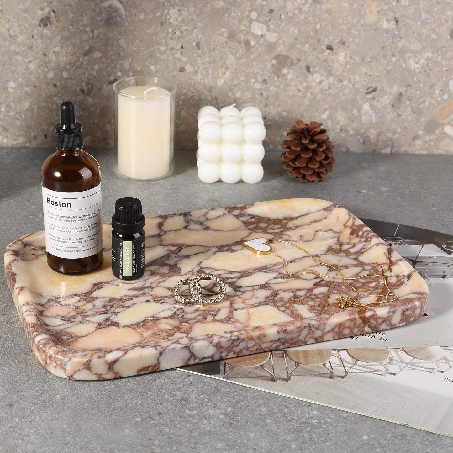 Karibiber Calacatta Marble Vanity Trays, Marble Bathroom Tray Countertop, Luxury Decorative Dresser Organizer, Purple&White Natural Stone Serving Tray for Kitchen, Perfume, Jewelry Holder Storage