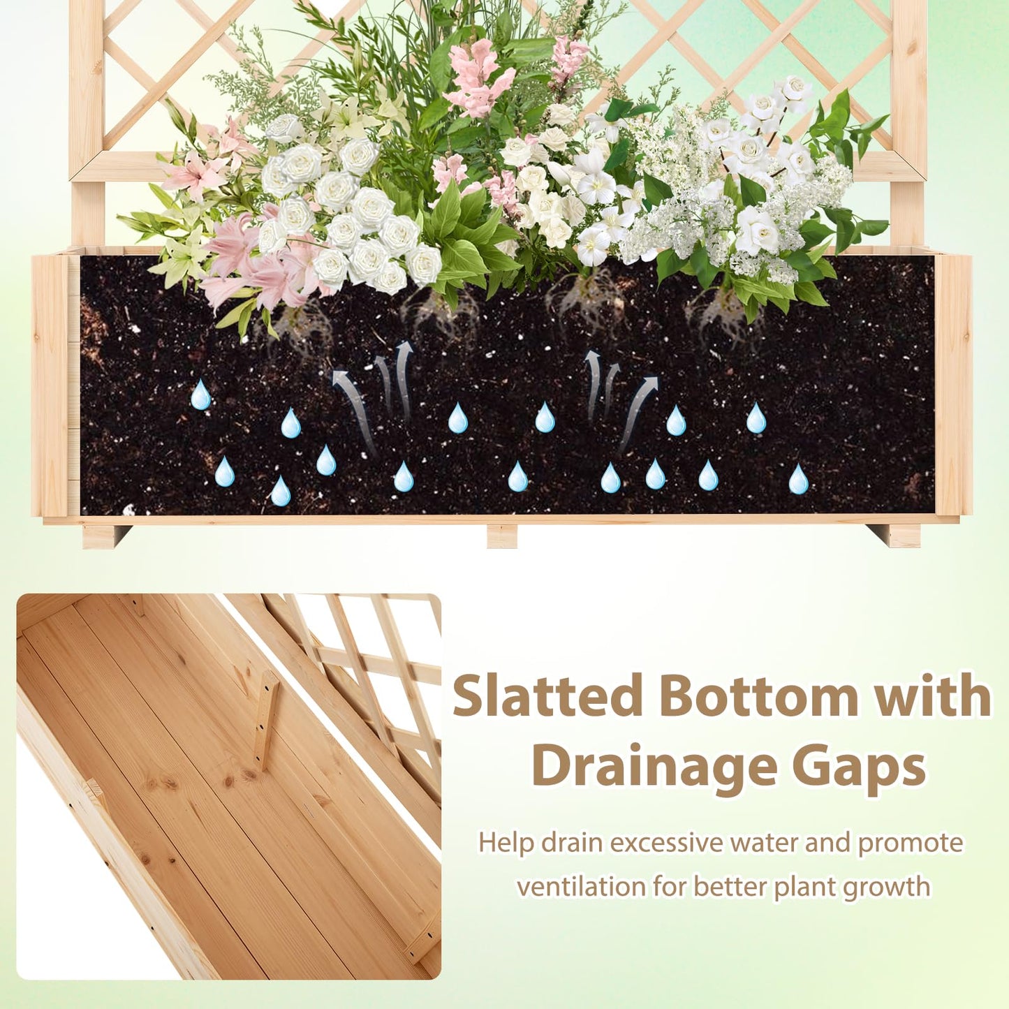 Giantex Raised Garden Bed with Trellis, Drainage Hole, Wood Elevated Planter Box for Climbing Vine Flower Herb Vegetable Fruit, Planting Container for Indoor Outdoor Patio Balcony (39”x14”x40”)