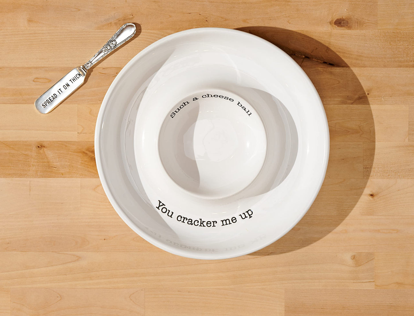 Mud Pie Circa Cheese Ball Dish Set,White, dish 1 1/2" x 9 1/2" dia | spreader 5 1/2"