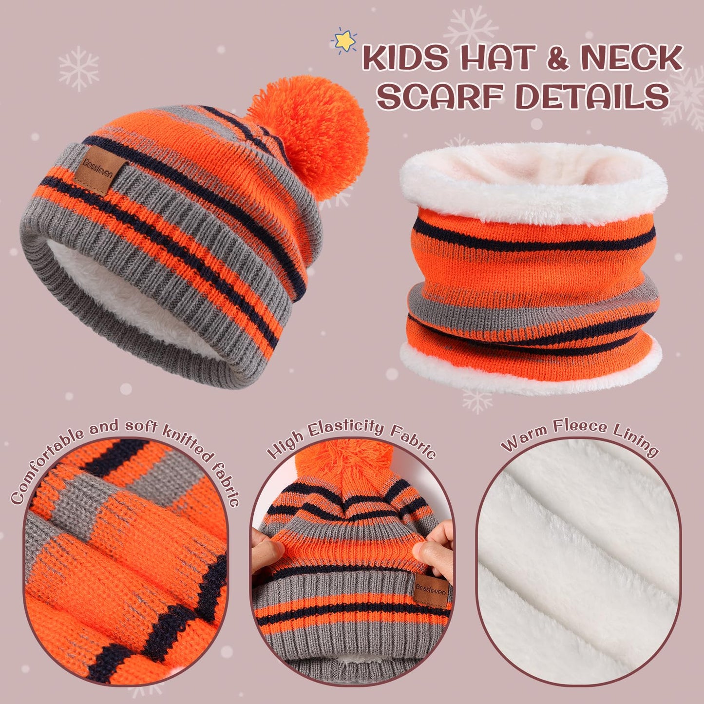 Kids Winter Hat Gloves Scarf Set: Girls Boys Children Beanie Gloves Neck Warmer Knit Set with Thick Warm Fleece Lined For 6-10 Years Old - Orange