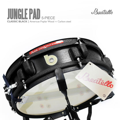 Beatello Jungle Pad Compact Portable Adult 5pc Drum Set, 1.5 inches ultra-thin steel drum Cavity,14 Inches Complete Full Size Kit with Bass, Toms, Snare, Floor,Stands, Hi-Hat Pedal,Drum Pedal,Black