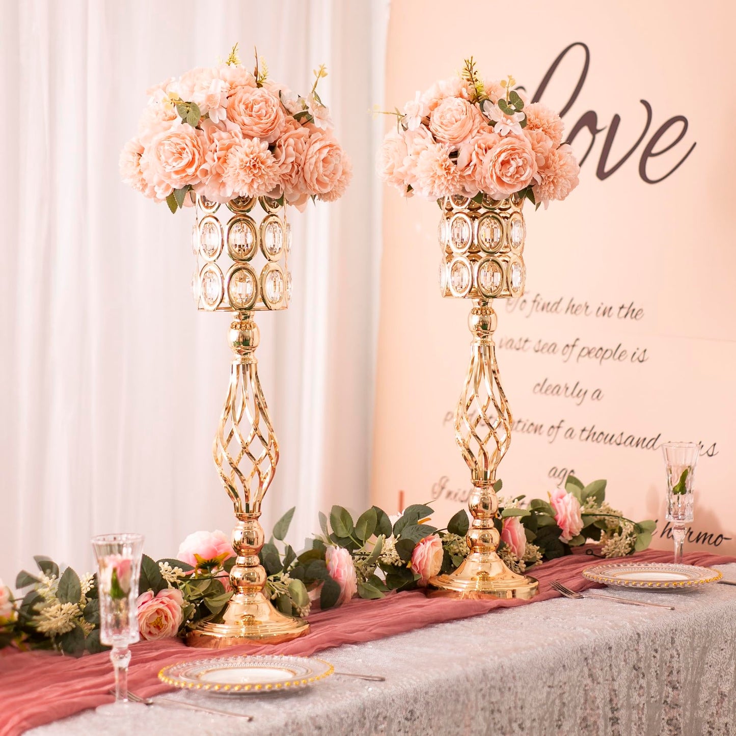 2pcs Gold Vases for Wedding Centerpieces for Tables, 24in Metal Diamond Crystal Flower Stand for Wedding Decorations for Reception Party Dining Room Living Room Decor