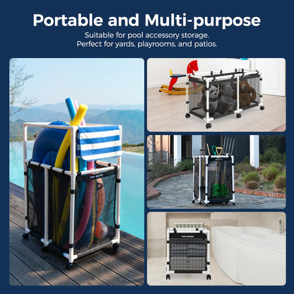 POOL FELLOWS Pool Storage Bin, 105 Gallons, Holder for Noodles, Toys, Floats, Towels, Mesh Organizer for Swimming Equipments, Basic Pro Style