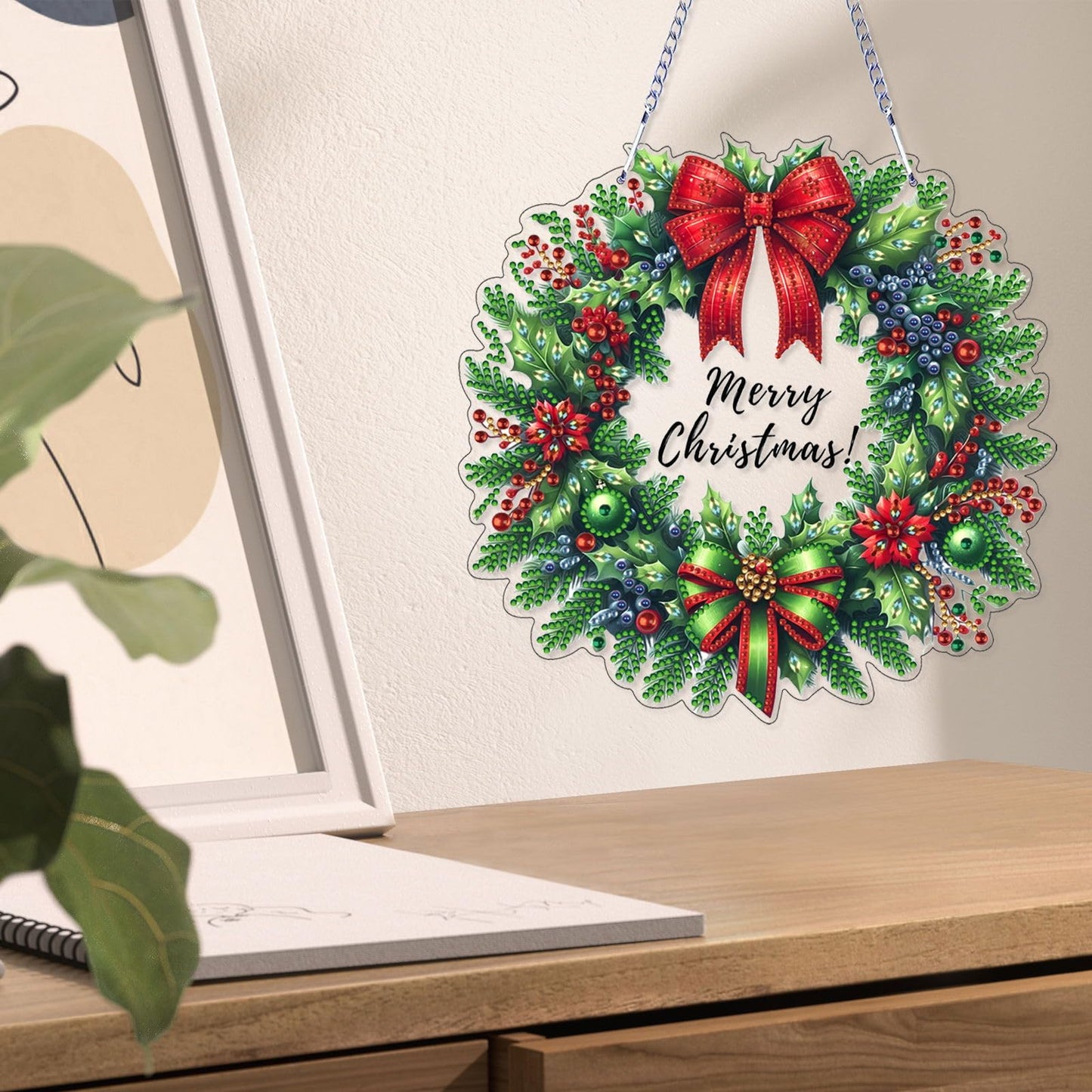 VODAPYC Christmas Wreath Diamond Art Hanging Kit for Adults, DIY Double Sided Special Shaped Diamonds Art Window Pendant Ornament for Home Decor(Christmas Wreath-1)