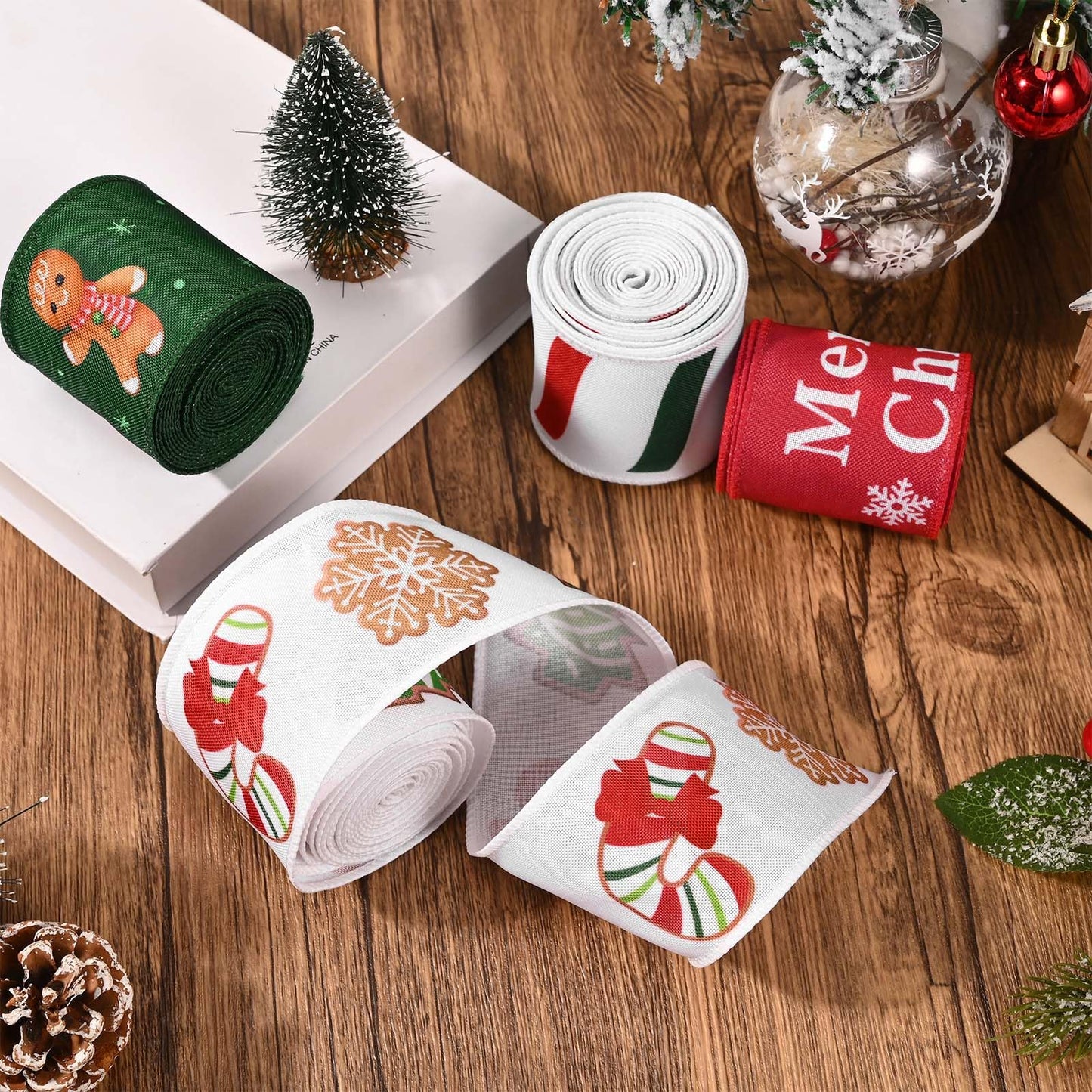 Gingerbread Christmas Wired Ribbons - 20 Yards, 2.5 Inch, Candy Cane, Gift Wrapping, DIY Bows & Wreath Decorations