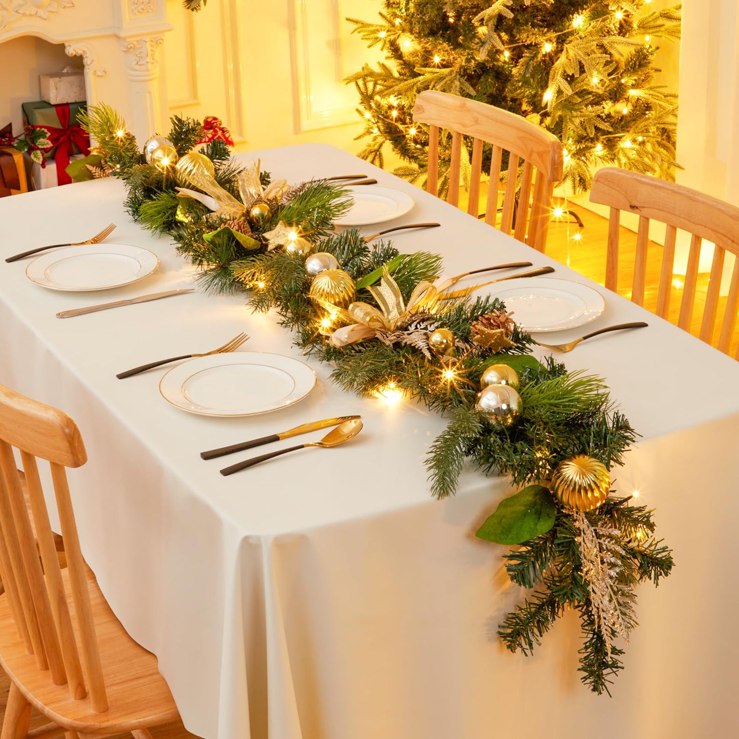 LinTimes 6 FT Pre-Lit Christmas Garland, Gold Lighted Xmas Garland with 20 LED Lights with Timer for Mantle Staircase Table, Winter Garland with Ribbon, Xmas Ball, Pine Cones, Star, Battery Operated