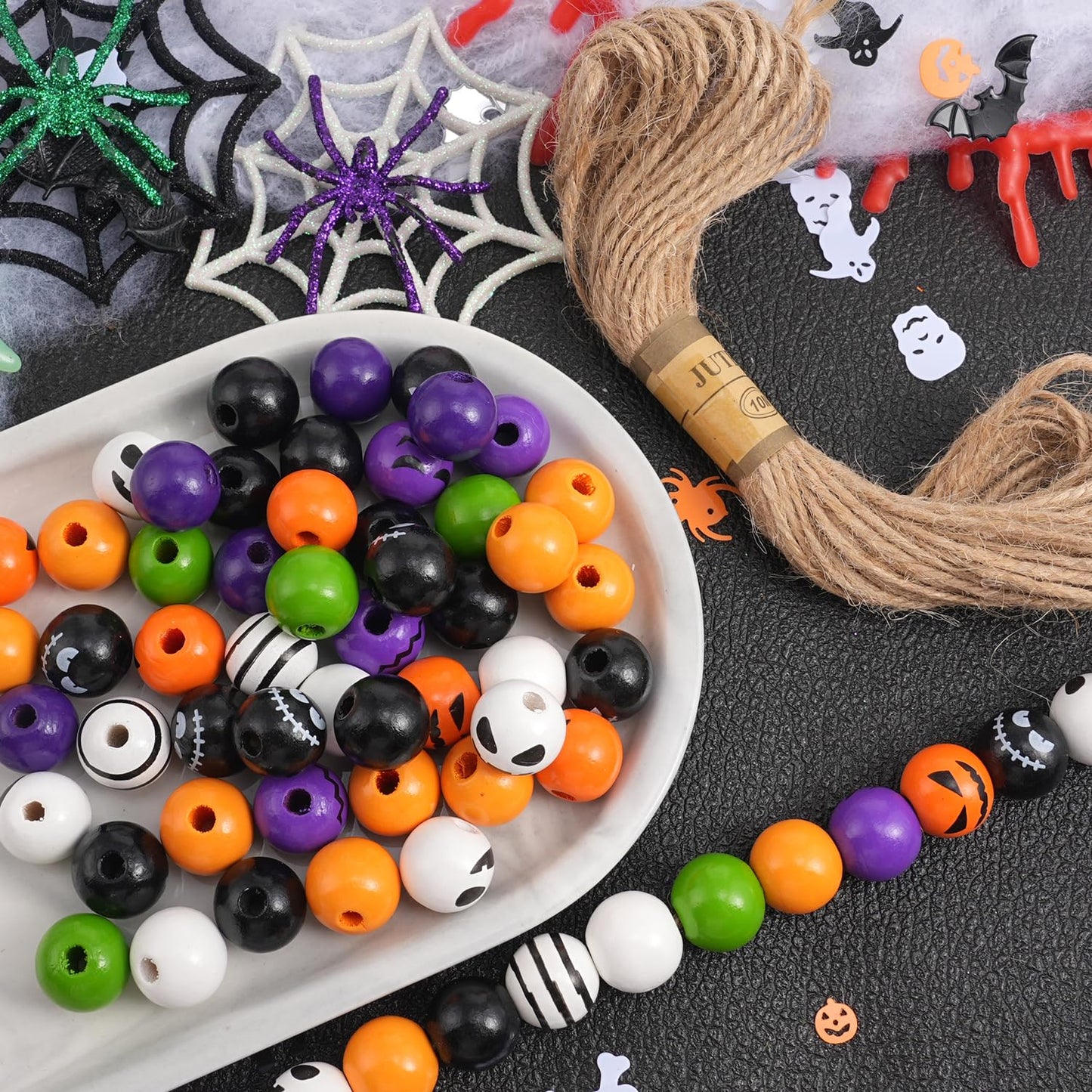 200 Pcs Halloween Wooden Beads Round Loose Beads for Craft Spacer Bead with Twine for Party Tiered Tray Garland Farmhouse Garden DIY Decor