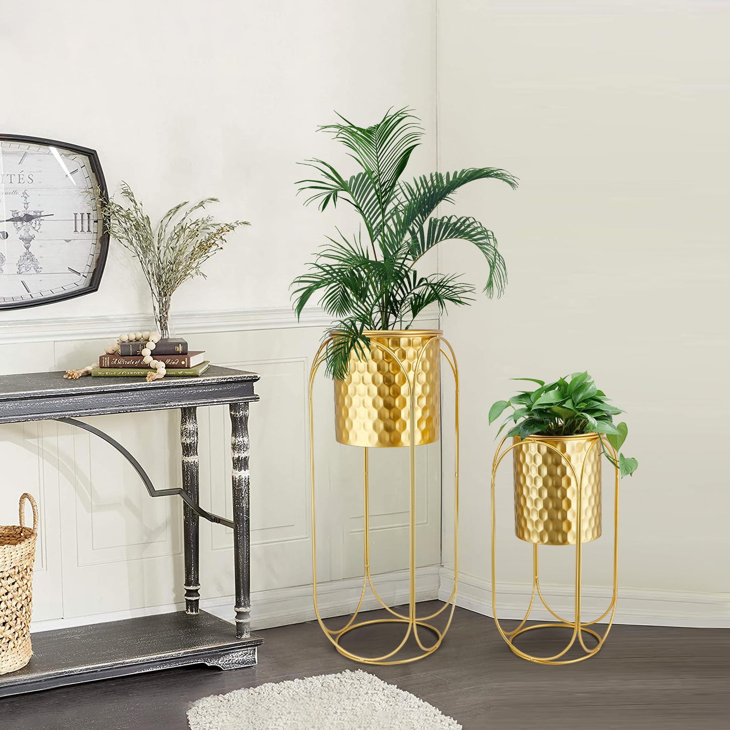 TRIROCKS Set of 2 Planters with Stand Large Gold Planter for Indoor Plants 26 &18" H Morden Plant Pot for Living Room Corner Kitchen Office Garden Balcony Patio Decor(Gold)