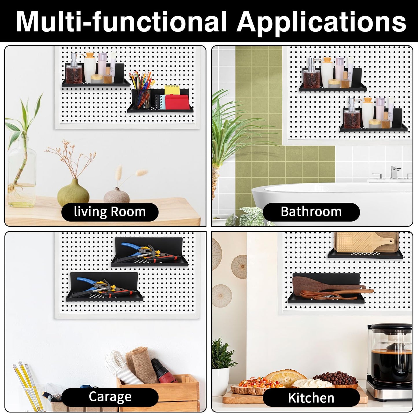 Xaajooio 4 Pack Black Magnetic Shelves Organizer, 12x4.8x3.6 Inch Heavy Duty Steel Pegboard Spice Rack Tray for Kitchen Refrigerator Cabinet Whiteboard Office