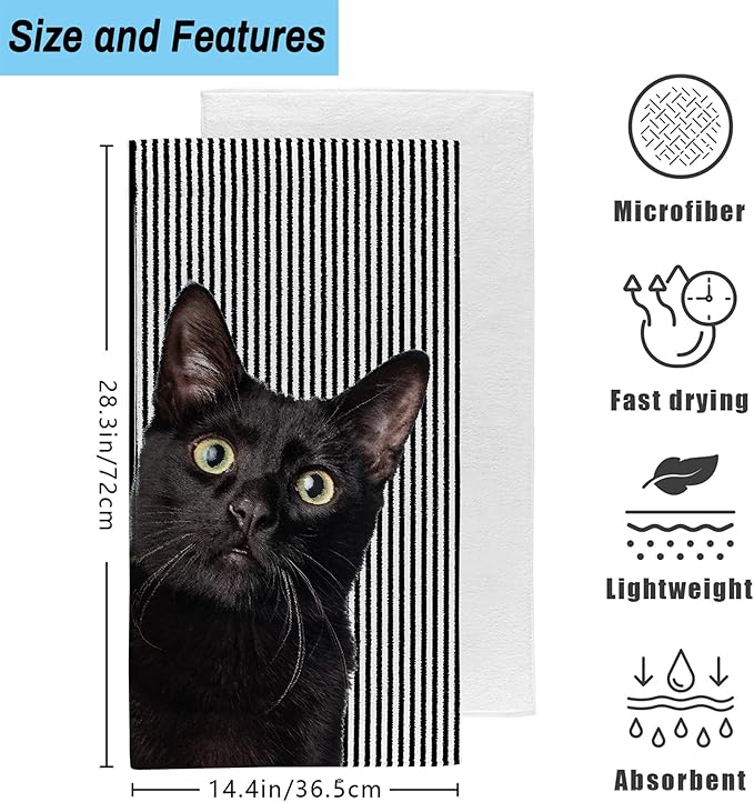 Cute Black Cat Hand Towel for Bathroom Set of 2, Cat on Black White Stripes