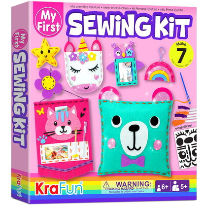 KRAFUN My First Sewing Kit for Kids Ages 5-9, Beginner Art & Craft with 6 Easy Doll, Pillow, Bag, Ornament Projects, Plush Felt, Safe Plastic Needle, Instructions Learn Sewing, Embroidery