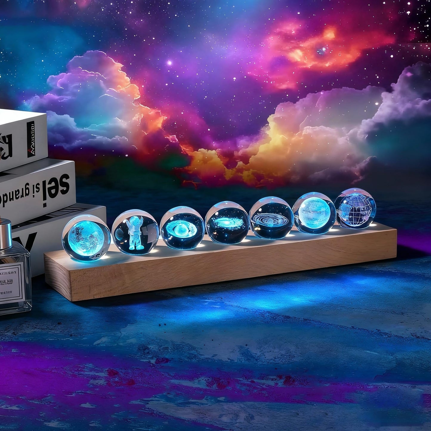 Aoyosic 7 Pcs Planet Crystal Ball Night Light Lamp with LED Wooden Base, 3D Galaxy Moon Saturn Crystal Ball Nightlight for Meditation Positive Energy Decoration for Home for Birthday Christmas Gifts