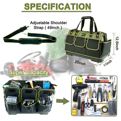 WILAXI PRO 20inch Tool Bag for Men Women Heavy Duty with Waterproof Molded Base Large Tool Bag, Wide Mouth Tool Tote, Artisan Carpenter Electricians Tool Bags,Adjustable Shoulder Strap Organizer