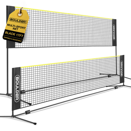 BOULDER Portable Badminton Pickleball Net - Foldable / Extendable Poles for Multiple Sports Heights (UP to 5 ft) - Ideal for Tennis, Pickleball, Soccer Tennis - Easy Setup (Black, 17 FT)