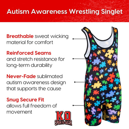 KO Sports Gear Unisex Wrestling Singlet for Adult Wrestlers - Wrestling Singlet for Men & Women - Bold Durable Uniform, Stretchy Breathable Material - Autism Awareness, Adult X-Small