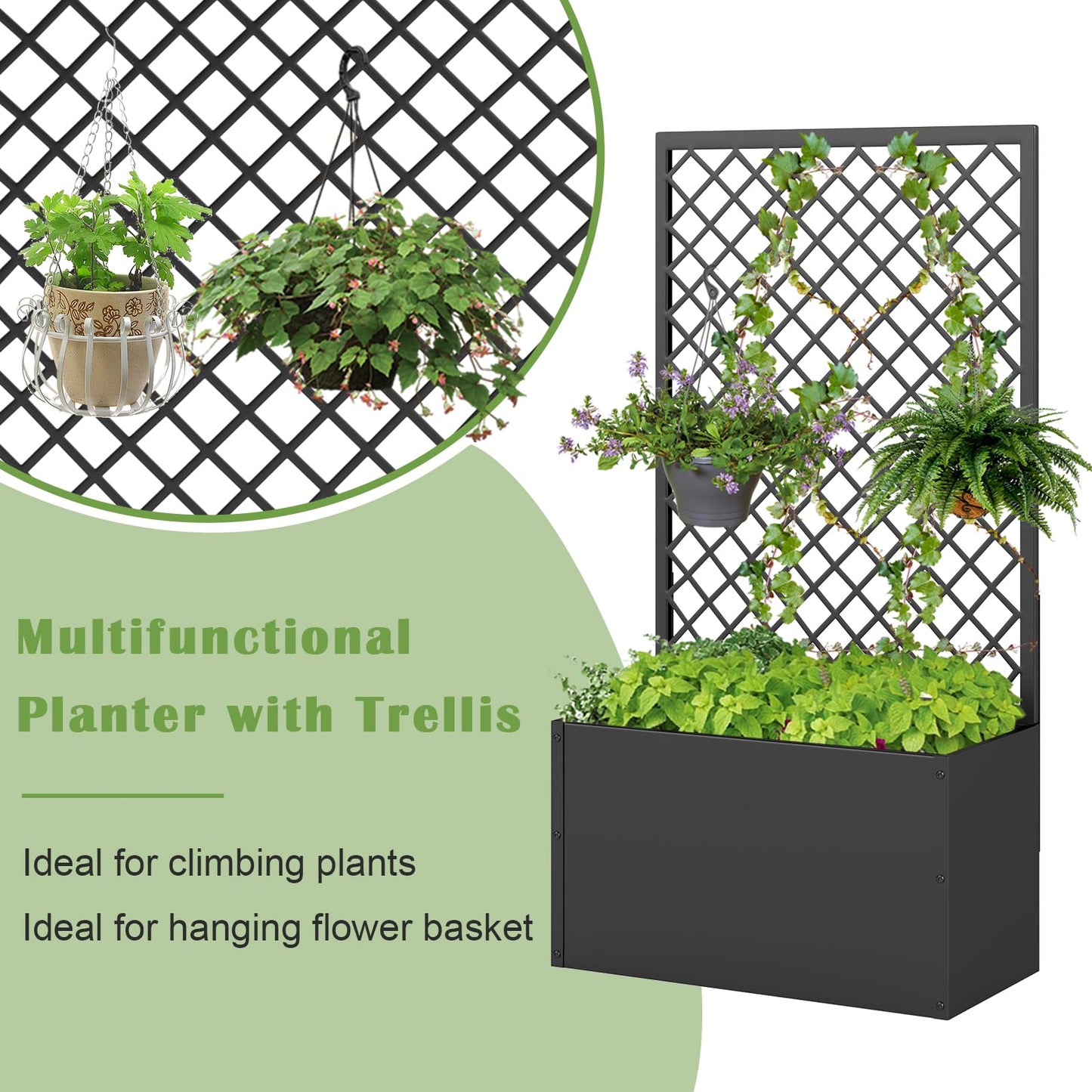kinbor Planter with Trellis - Set of 2 Planter Boxes Outdoor, Metal Raised Garden Bed with Lattice Trellis for Climbing Plants, Black Flower Boxes Outdoor