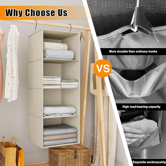 Hanging Closet Organizer, Easy Mount Foldable 4-Shelf Hanging Closet Wardrobe