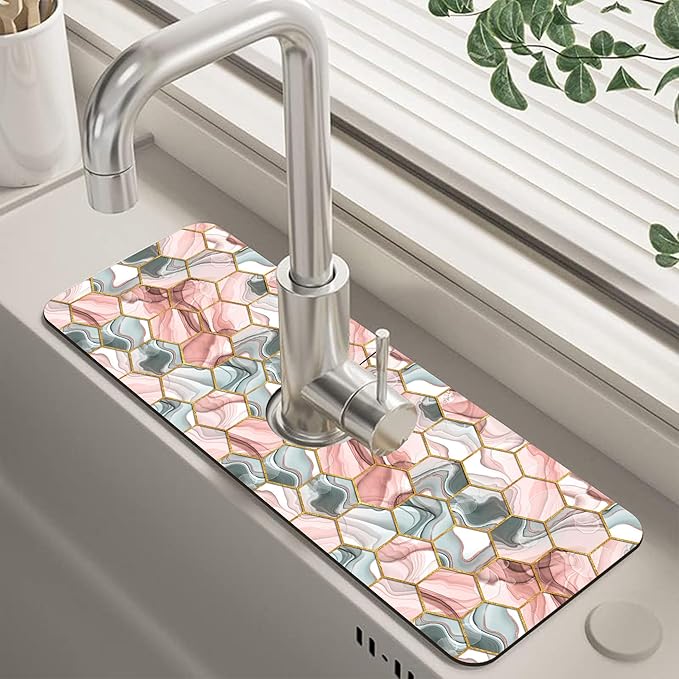 Abstract Gray and Red Hexagon Sink Faucet Absorbing Mat Sink Splash Guard