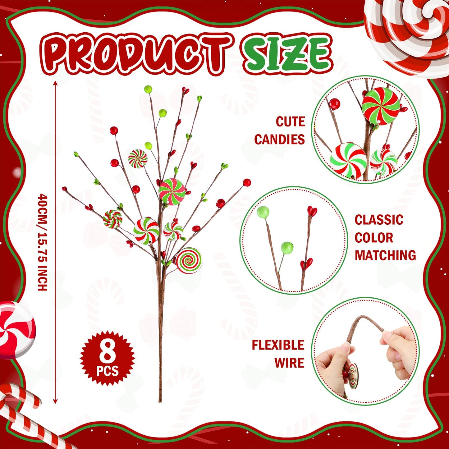 Janinka 8 Pcs Christmas Picks Red and Lime Green Candy Cane Decor Xmas Tree Picks Red Green Christmas Decorations Candy Xmas Tree Topper Lollipop Elf for Vase Fillers DIY Crafts Displays Home New Year