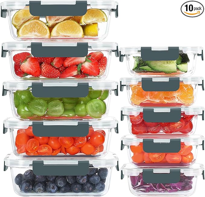 KOMUEE 10 Pack Glass Food Storage Containers, Meal Prep Containers