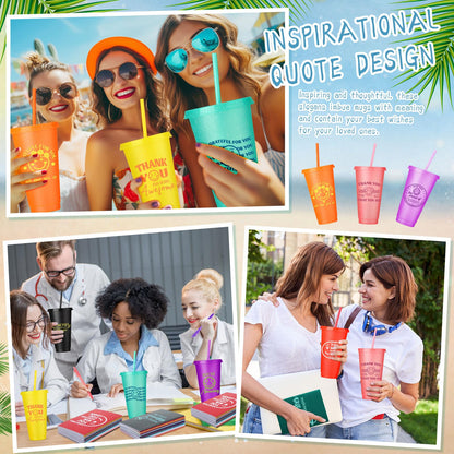 Feifeiya 72 Pcs/ 24 Set Thank You Gift Bulk 24 oz Appreciation Tumbler with Lids and Straws Motivational Pens Inspirational Notepads Set Plastic Cups Gift for Valentines Employee Team Staff Coworker