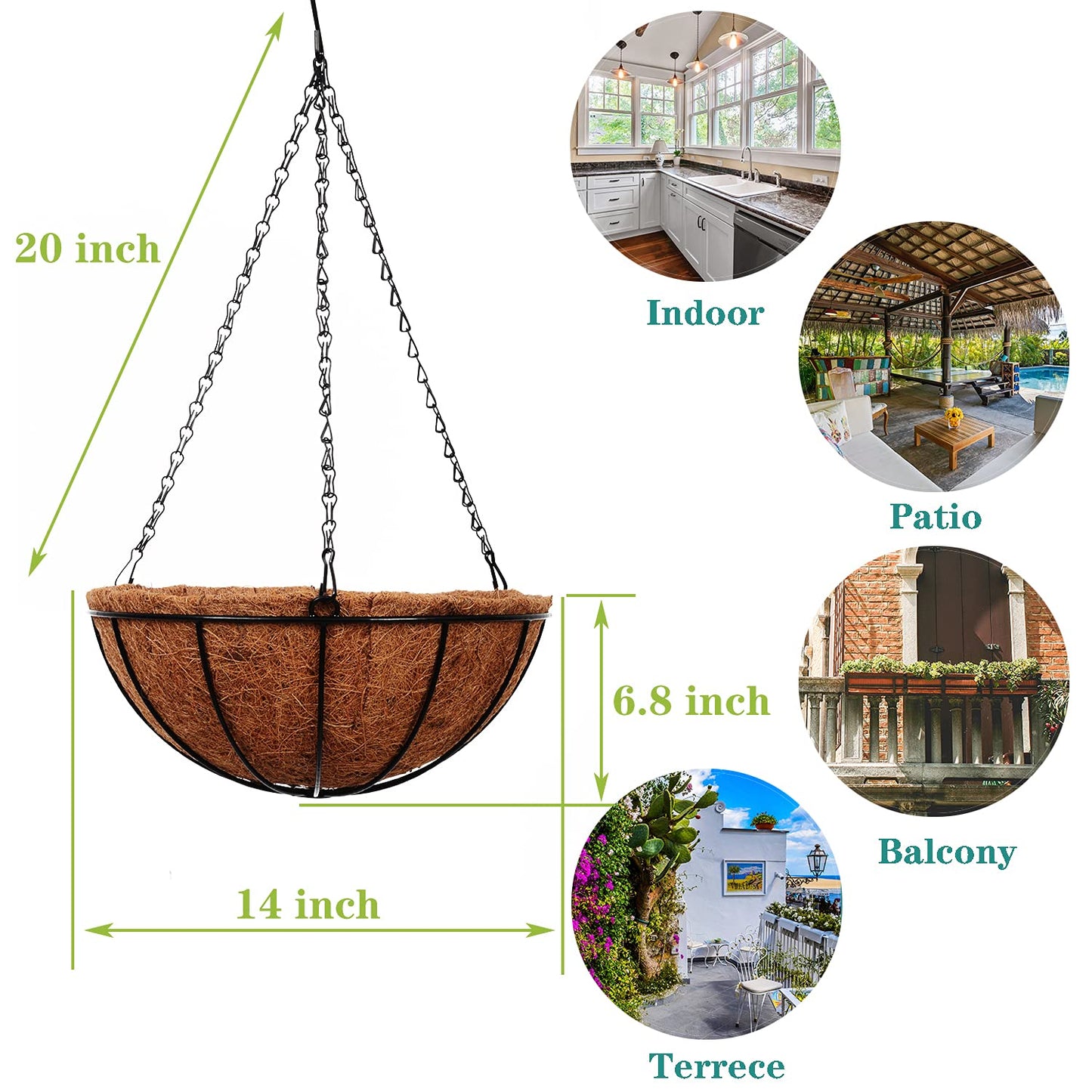 ArtFamy Hanging Planters Basket Outdoor Indoor(14 inch 4 Pack)-Coconut Coir Hanging Baskets for Plants Outdoor,Metal Wire Baskets with Coco Liner Window Box Planters, Hanging Flower Pots for Railings