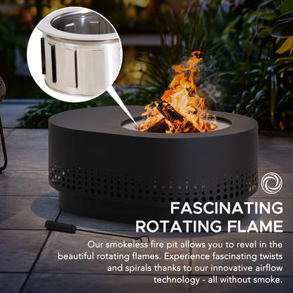 SUNJOY Smokeless Fire Pit with Table Top, 38-Inch Oval Firepit for Outdoor, Stainless Steel Wood Burning Fireplace w/Removable Ash Pan, PVC Cover and Fire Poker, Ideal for Camping, Backyard, Black